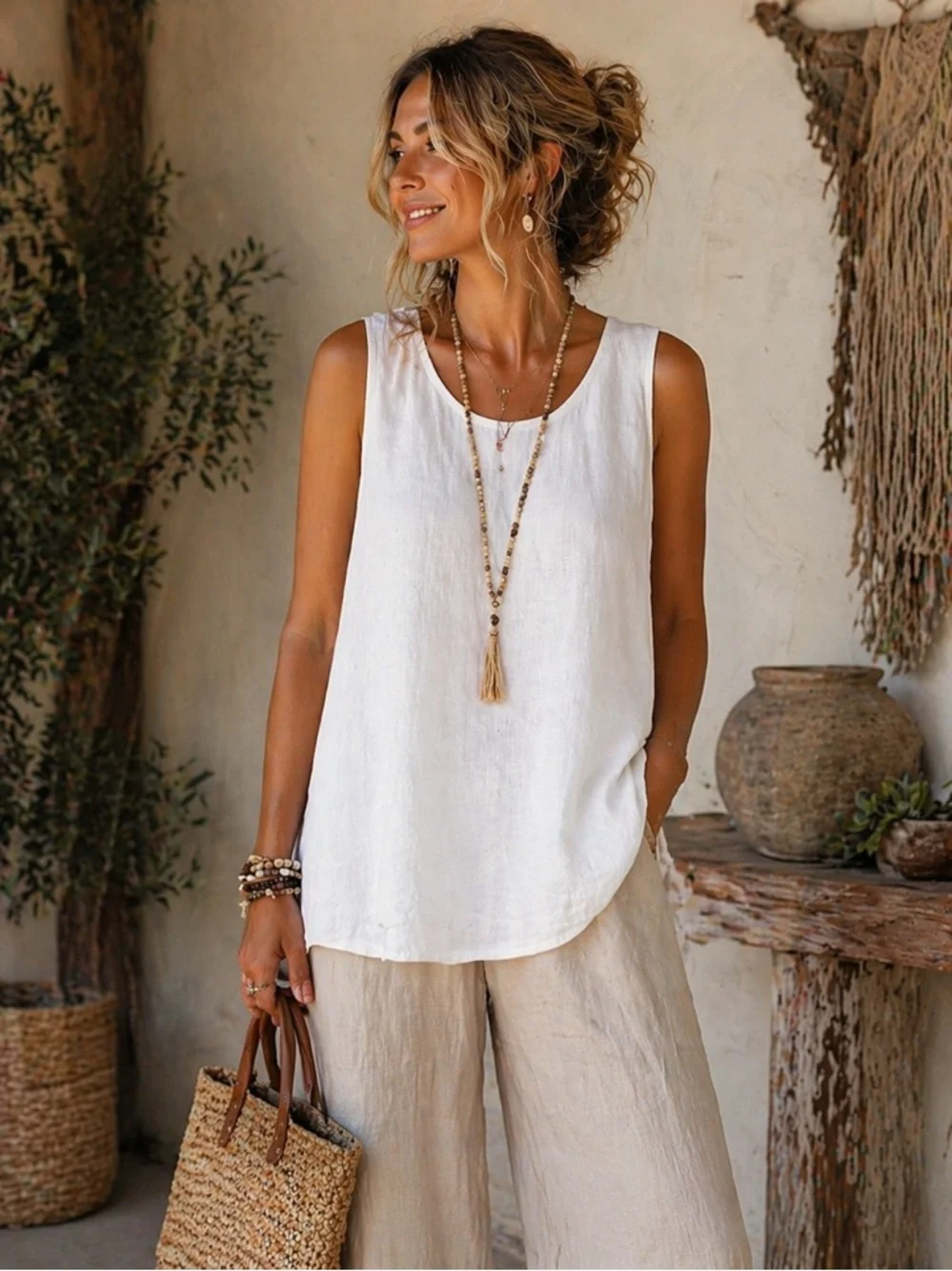 LORD & TAYLOR 100% Linen Sleeveless White Split-Back Top - Picture 2 of 7